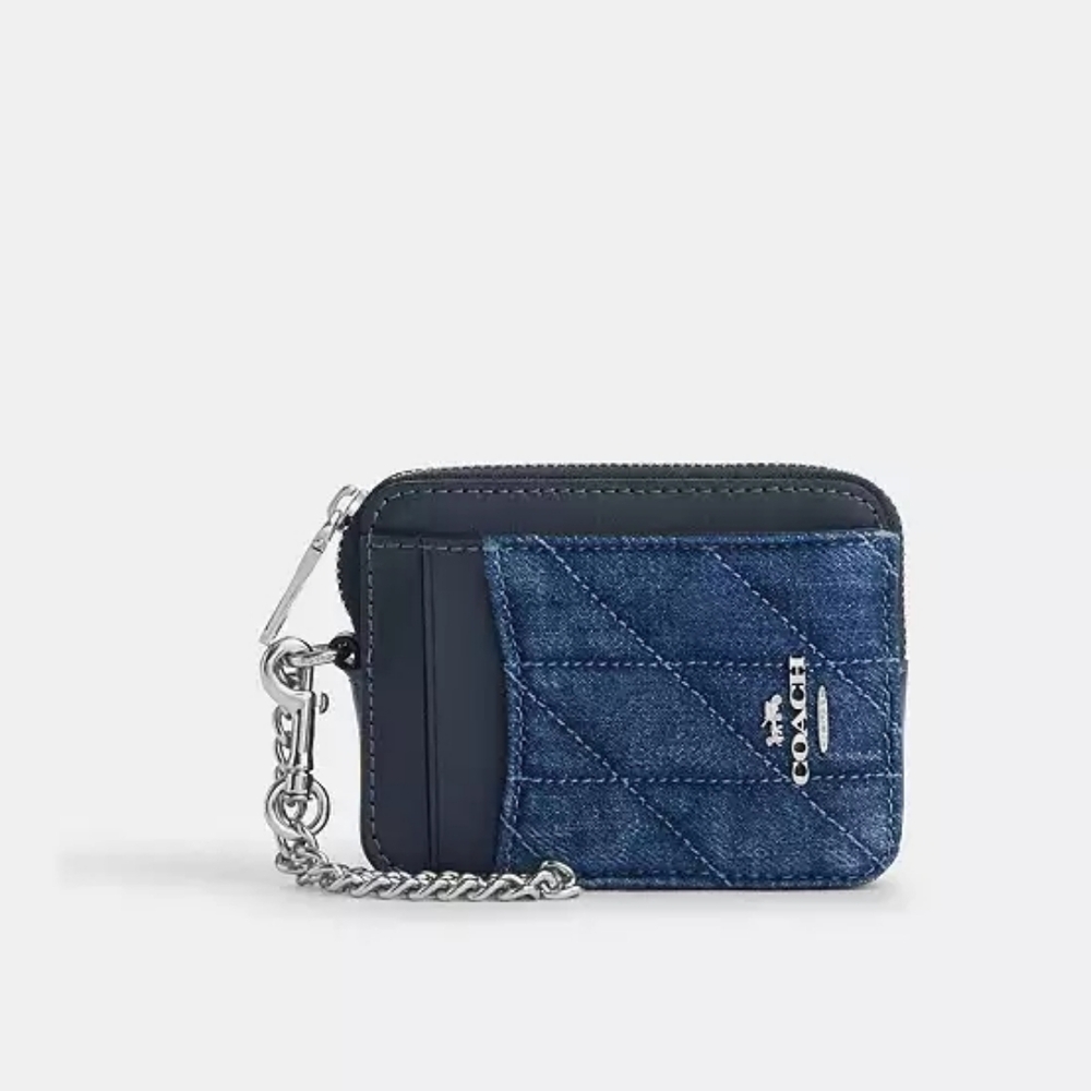 Coach Zip Card Case Wallet Blue Quilted Denim NWT w/ Silver Chain
